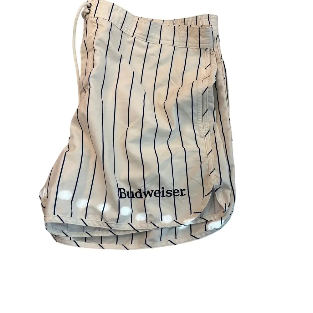Budweiser x PacSun Pinstripe Swim Trunks XL Boardshorts Cream Navy